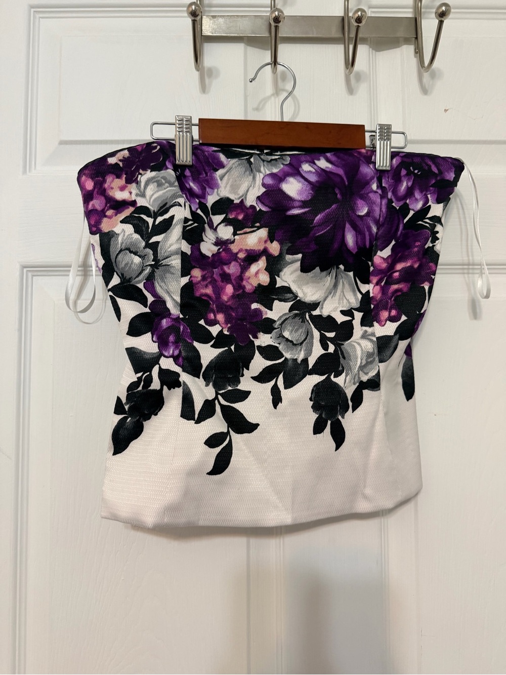 White House Black Market White Strapless Crop Top with Purple Floral Print